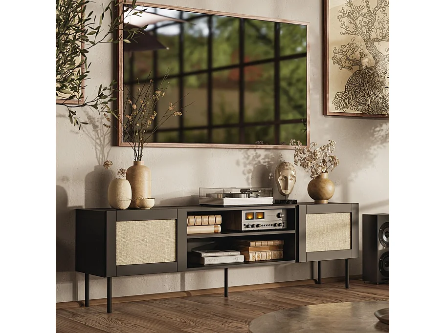 Meuble TV noir 180 cm avec façades en rotin et niche de rangement Rota