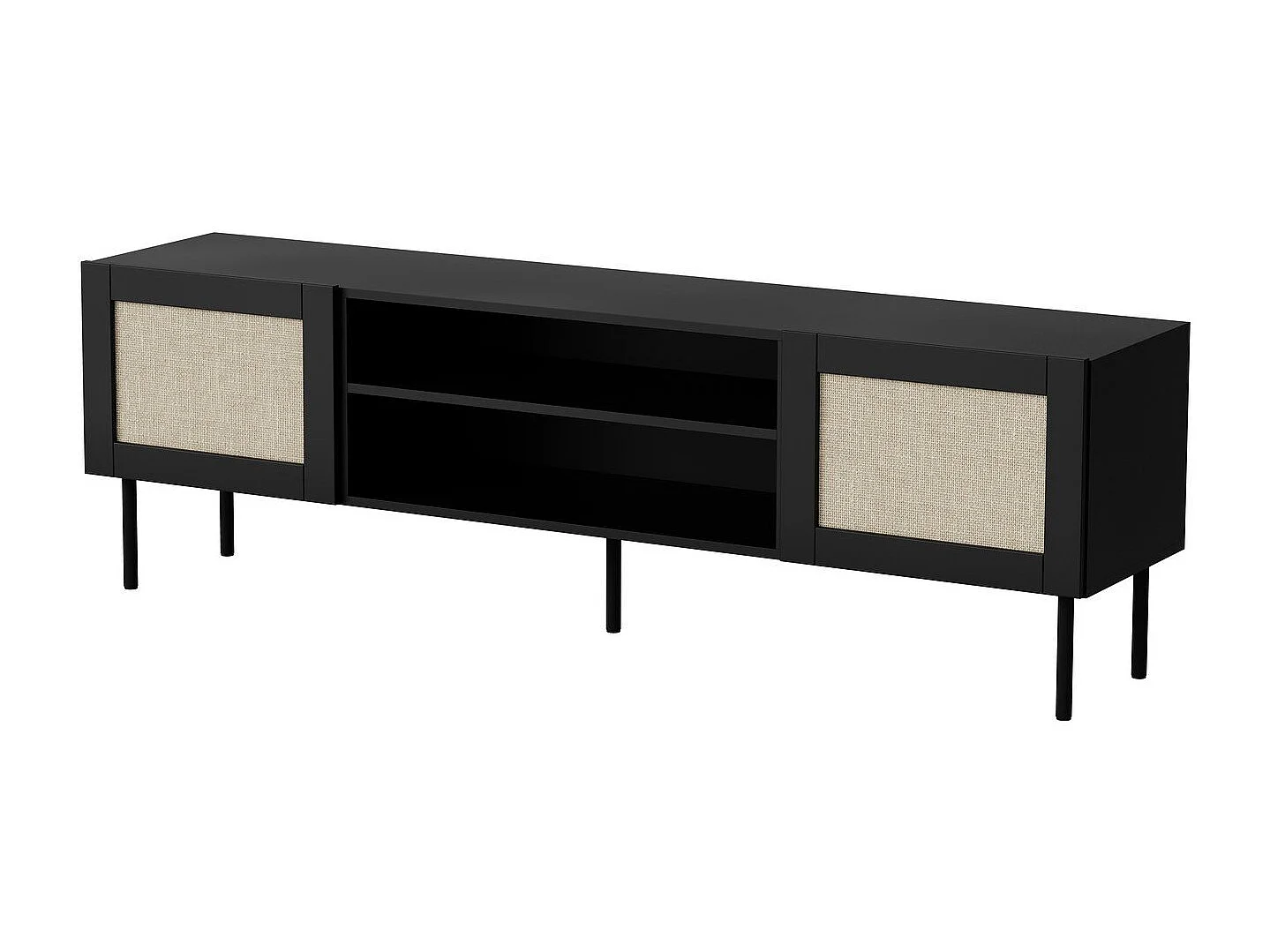 Meuble TV noir 180 cm avec façades en rotin et niche de rangement Rota