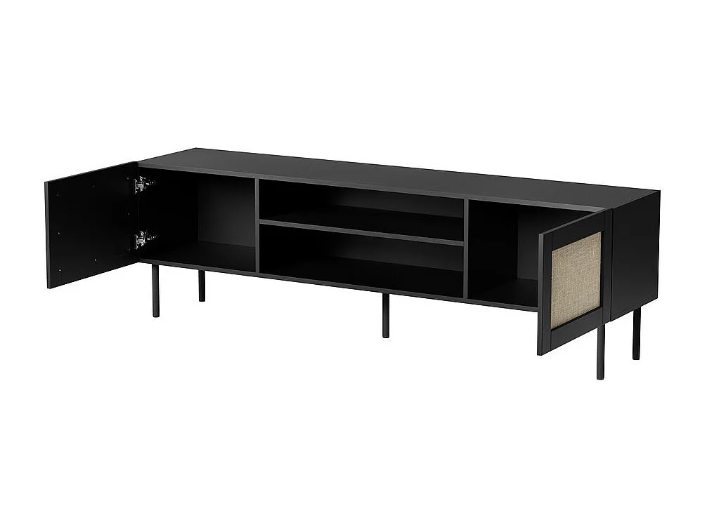Meuble TV noir 180 cm avec façades en rotin et niche de rangement Rota