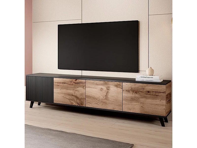 Meuble TV 200 cm noir et aspect chêne wotan PUMP