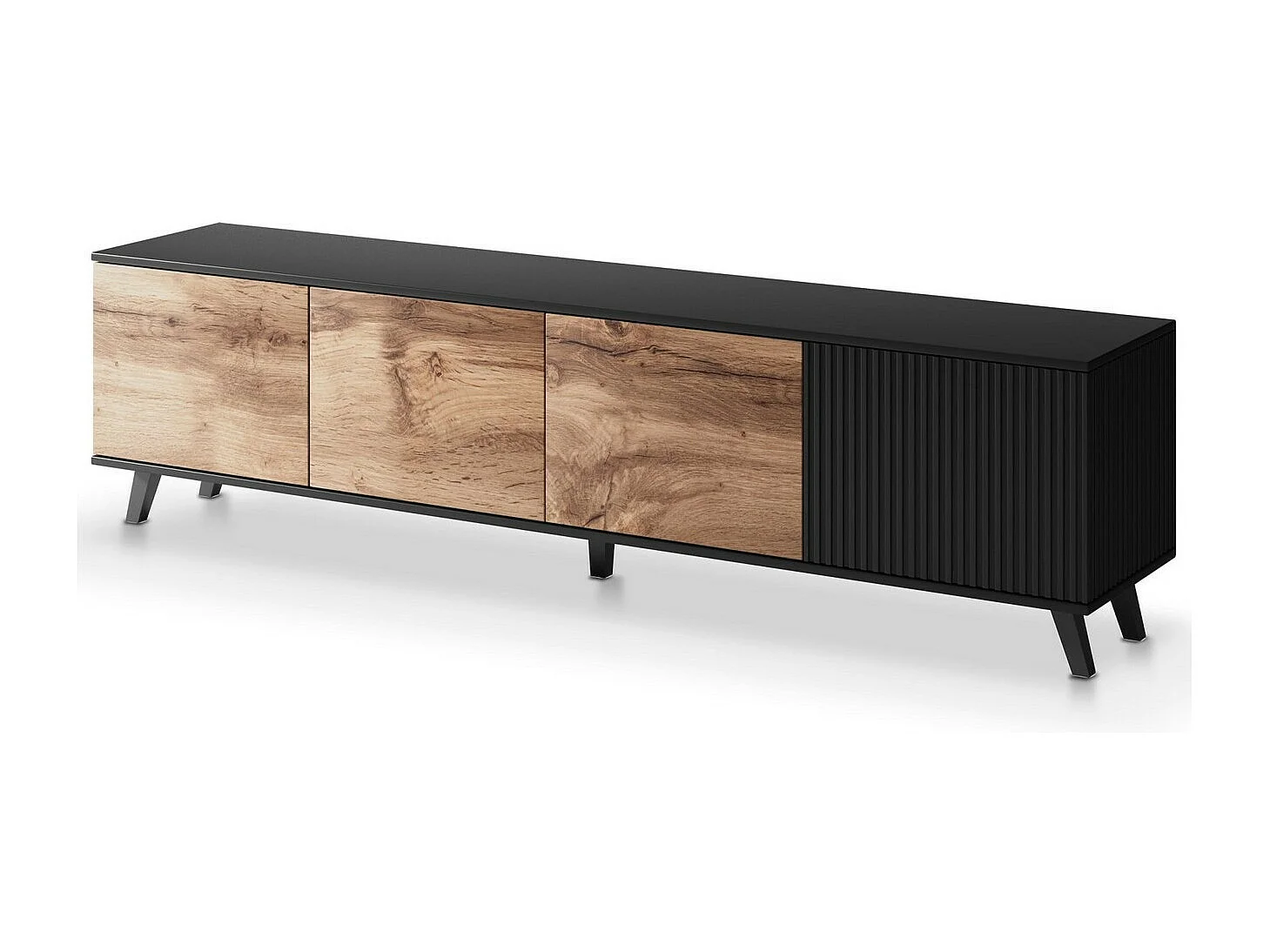 Meuble TV 200 cm noir et aspect chêne wotan PUMP