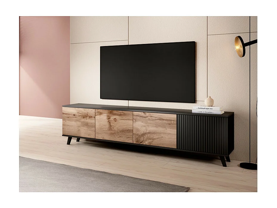 Meuble TV 200 cm noir et aspect chêne wotan PUMP