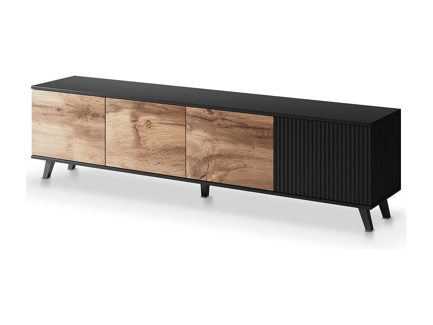 Meuble TV 200 cm noir et aspect chêne wotan PUMP