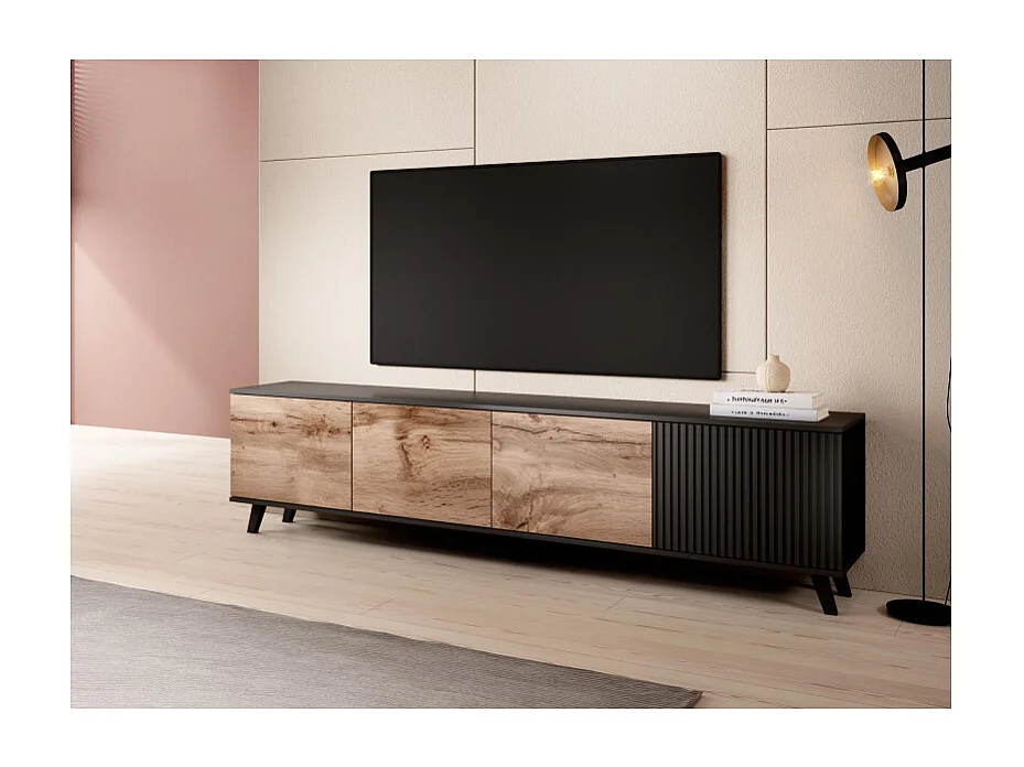 Meuble TV 200 cm noir et aspect chêne wotan PUMP