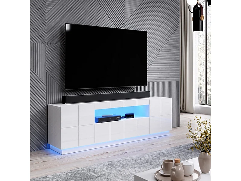 Meuble TV design blanc brillant + LED 184 cm Flow - bleu