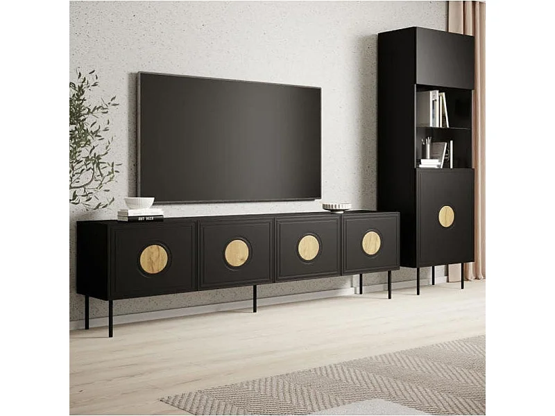 Meuble TV 200 cm noir mat avec inserts aspect chêne Climb