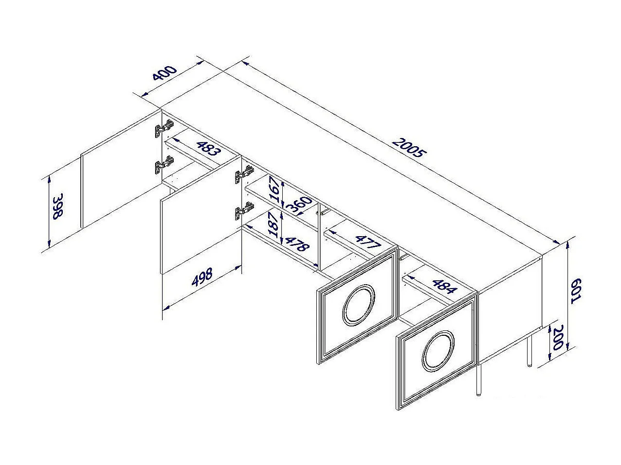 Mobile TV 200 cm nero opaco con inserti in rovere Climb