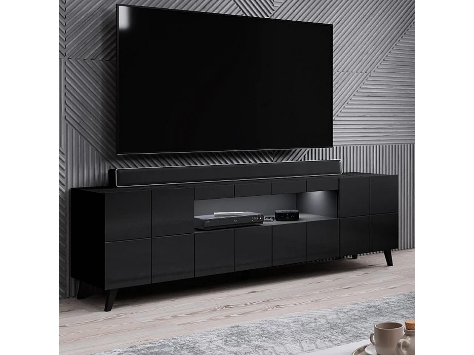 Meuble TV design noir brillant + LED 184 cm Flow - Sans LED