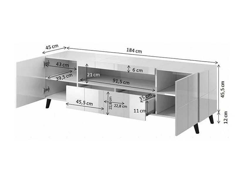 Meuble TV design noir brillant + LED 184 cm Flow - Sans LED