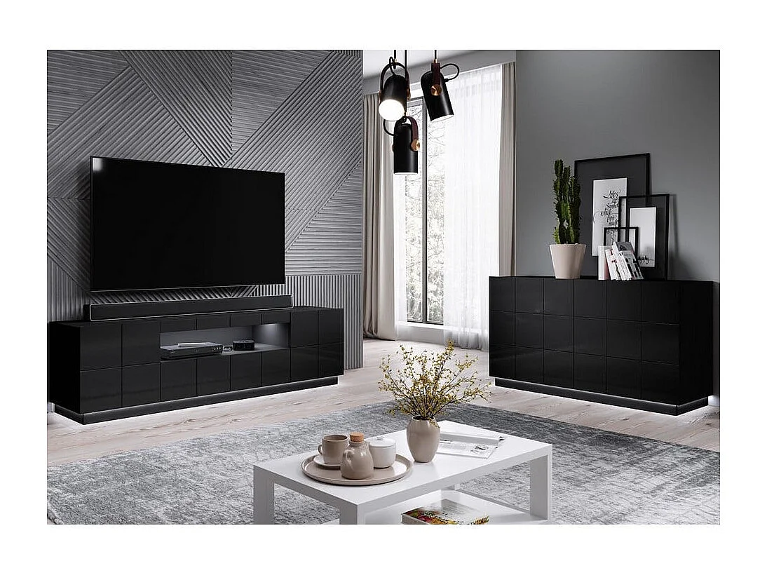 Meuble TV design noir brillant + LED 184 cm Flow - Sans LED