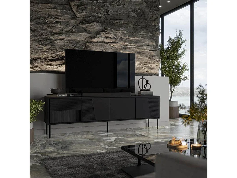 Meuble TV design noir mat 200 cm avec pieds en métal noir Ula