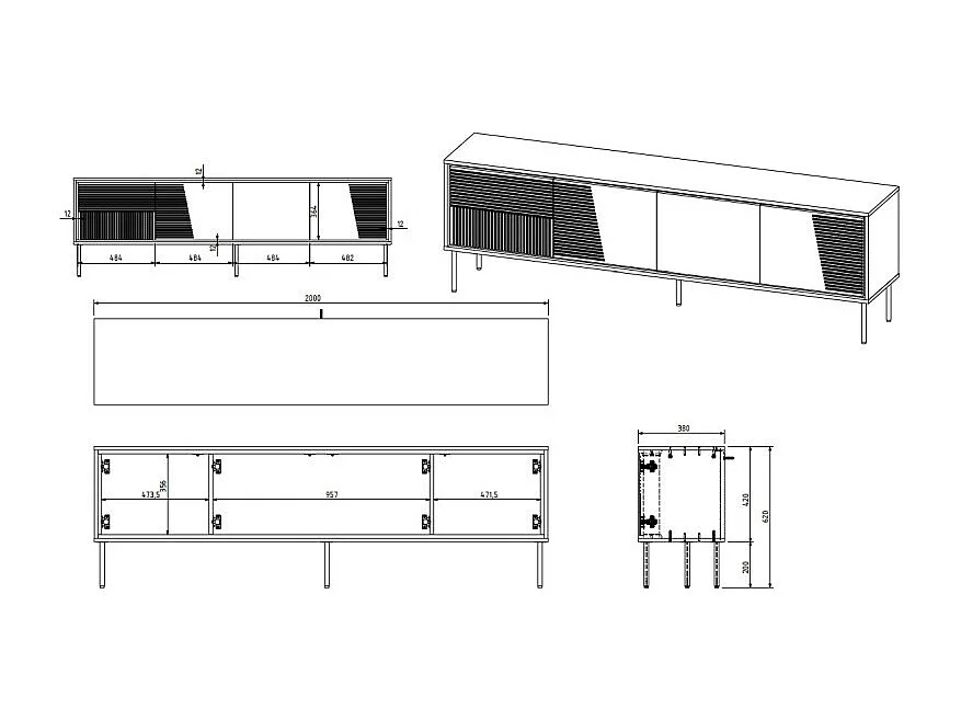 Porta TV di design nero opaco da 200 cm con gambe in metallo nero Ula