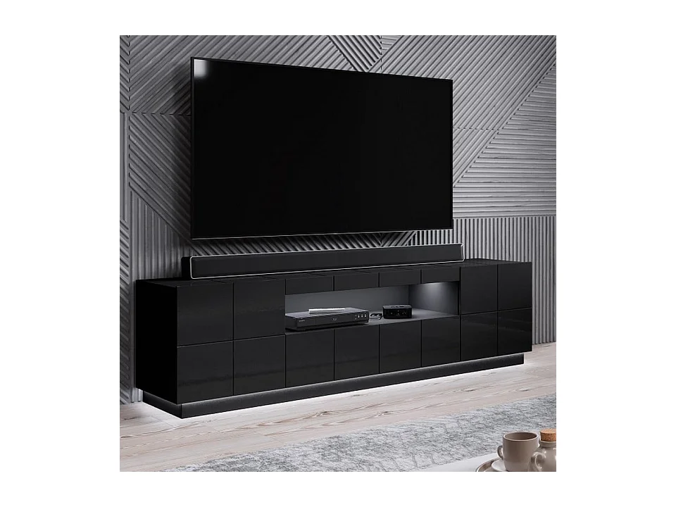 Meuble TV design noir brillant + LED 184 cm Flow - bleu