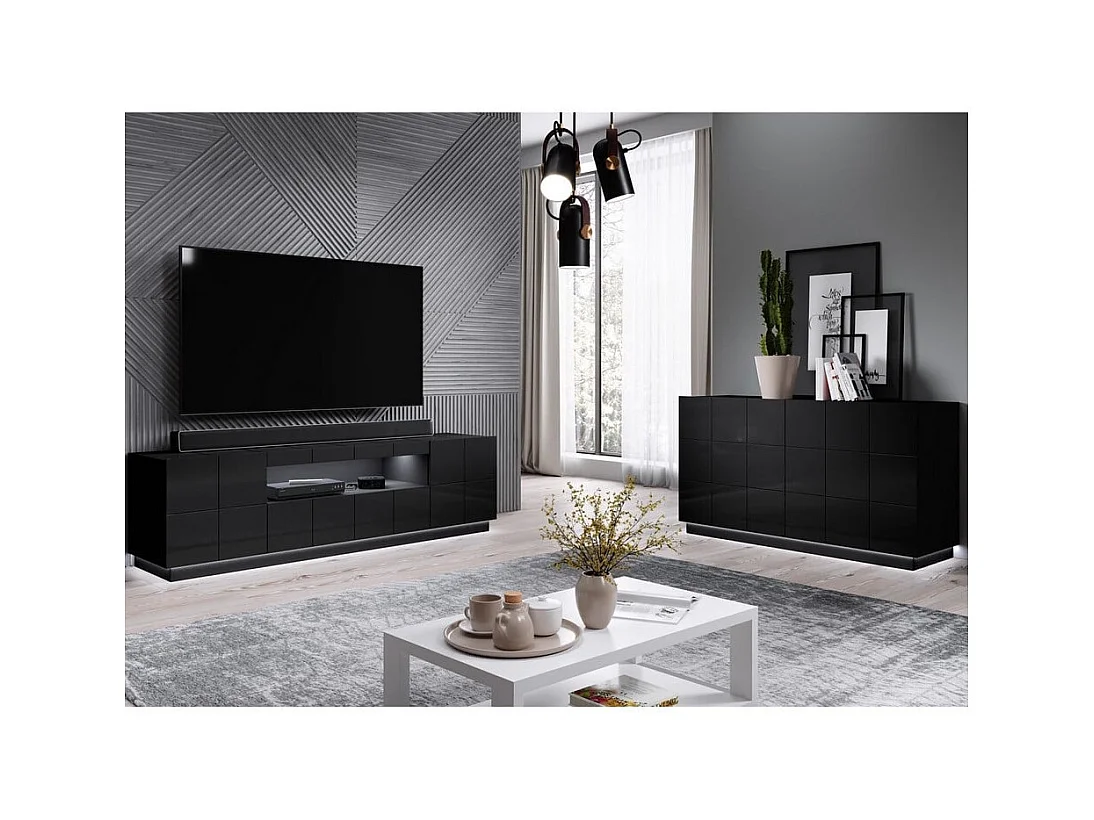 Meuble TV design noir brillant + LED 184 cm Flow - bleu