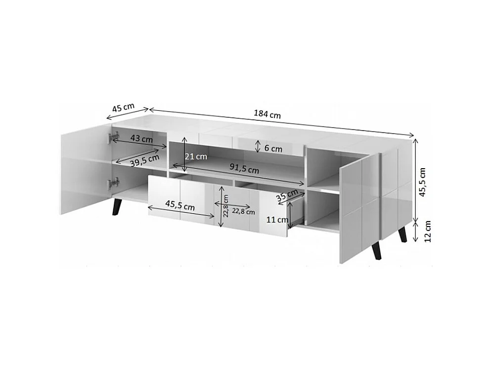 Meuble TV design noir brillant + LED 184 cm Flow - bleu