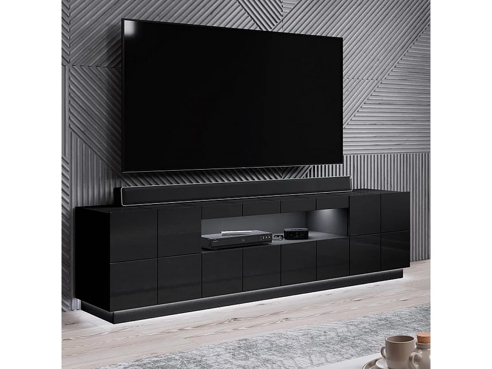 Meuble TV design noir brillant + LED 184 cm Flow - bleu
