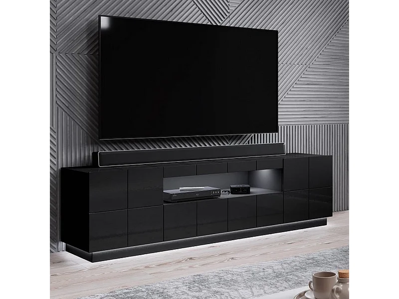 Meuble TV design noir brillant + LED 184 cm Flow - bleu