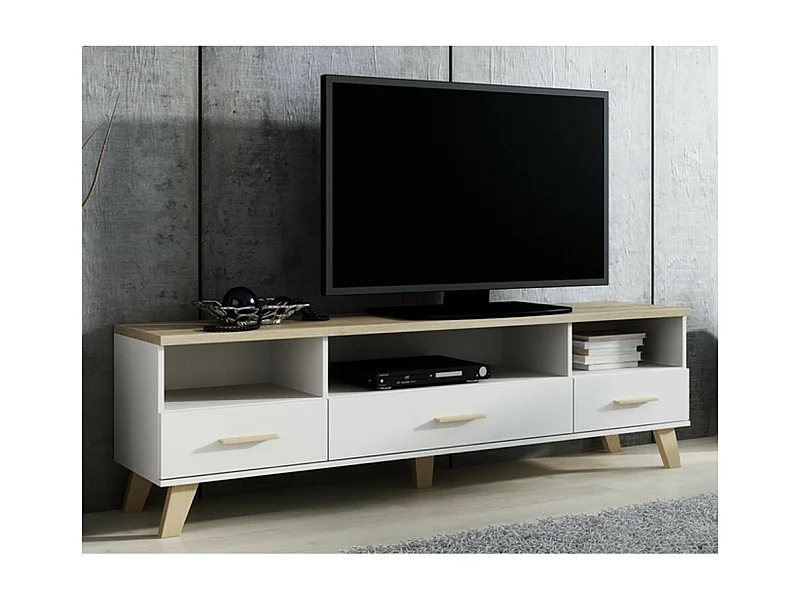 Meuble TV décor chêne & blanc brillant 180 cm Colin