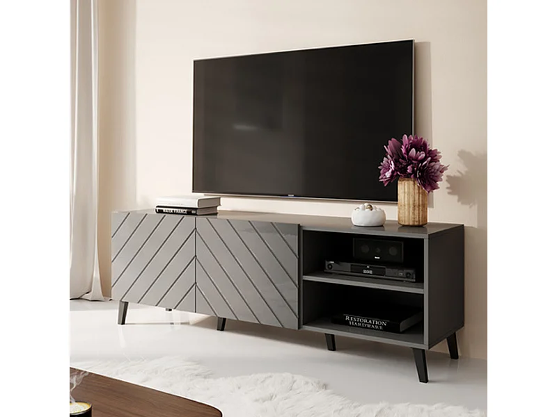 Meuble TV design gris brillant 150 cm Yaka