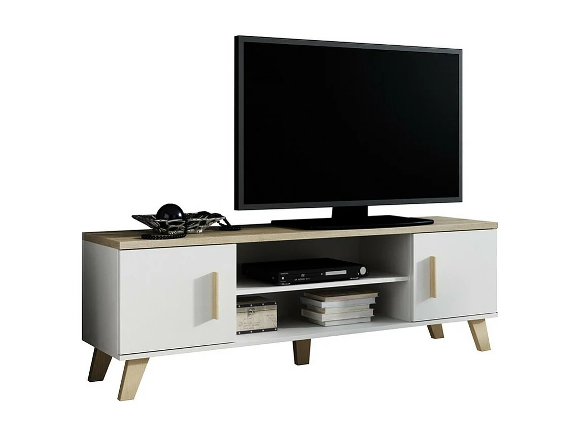Meuble TV décor chêne & blanc brillant 160 cm Colin