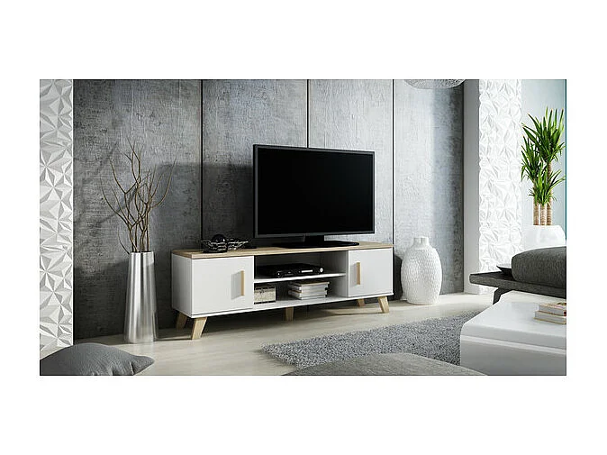 Meuble TV décor chêne & blanc brillant 160 cm Colin