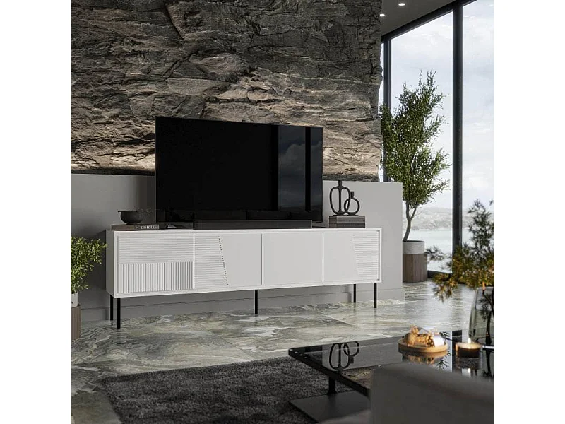 Soporte de TV de diseño blanco mate de 200 cm con patas de metal negro Ula