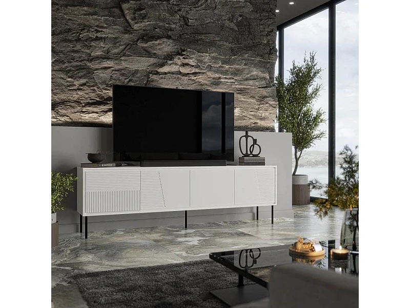 Meuble TV design blanc mat 200 cm avec pieds en métal noir Ula
