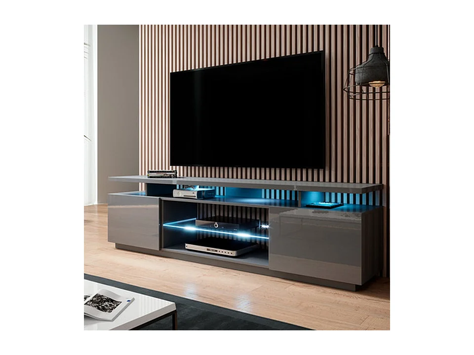 Meuble TV gris brillant 180 cm à LED Zohra - Sans LED