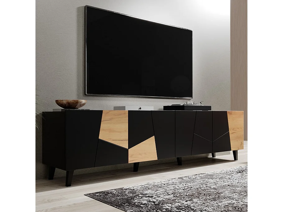 Mueble de TV de diseño Fuji negro mate y roble de 200 cm