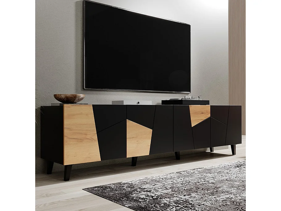 Mueble de TV de diseño Fuji negro mate y roble de 200 cm