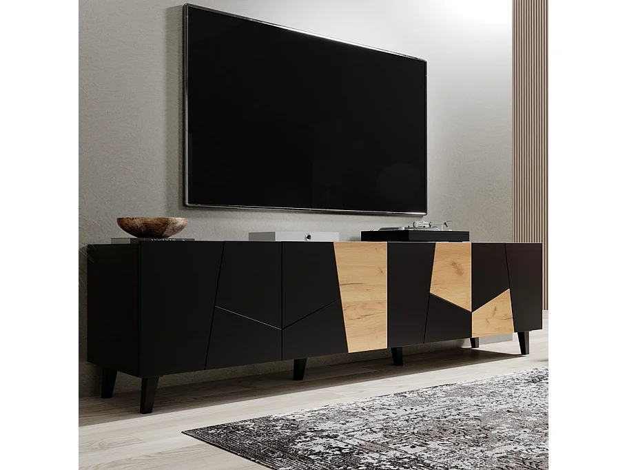 Mueble de TV de diseño Fuji negro mate y roble de 200 cm