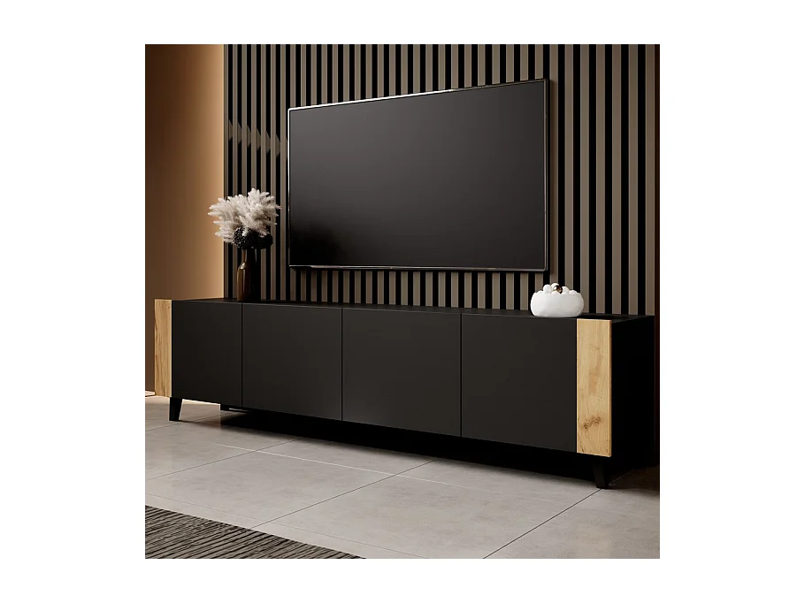 Meuble TV design noir mat + bois 200 cm Tempo