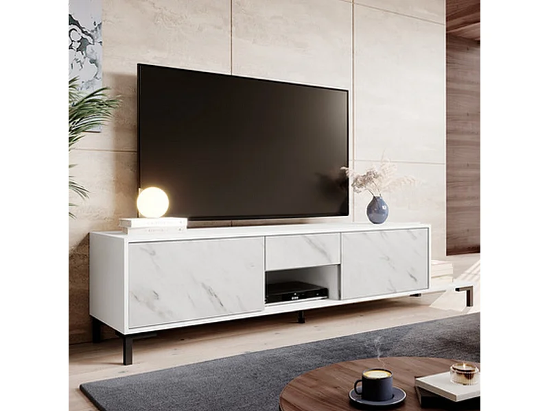 Meuble TV design effet marbre blanc 195cm Ketla