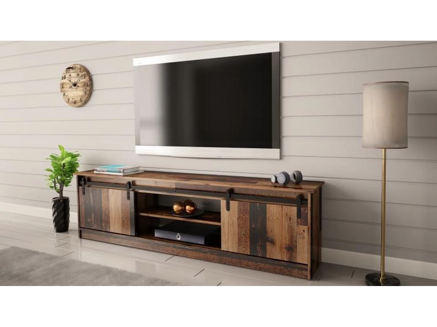 Meuble TV couleur bois vieilli 200 cm Hexa