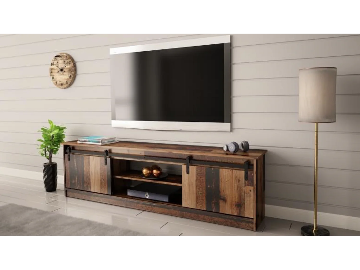 Porta TV in legno antico Hexa, 200 cm