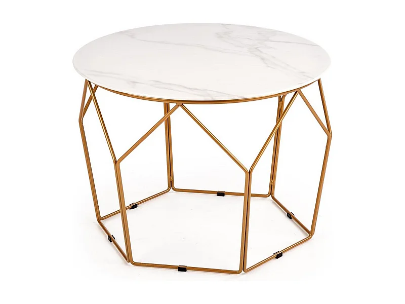 Table basse design avec plateau style marbre de 60 cm de diamètre et structure en acier doré Melba