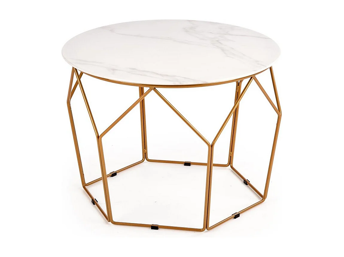Table basse design avec plateau style marbre de 60 cm de diamètre et structure en acier doré Melba