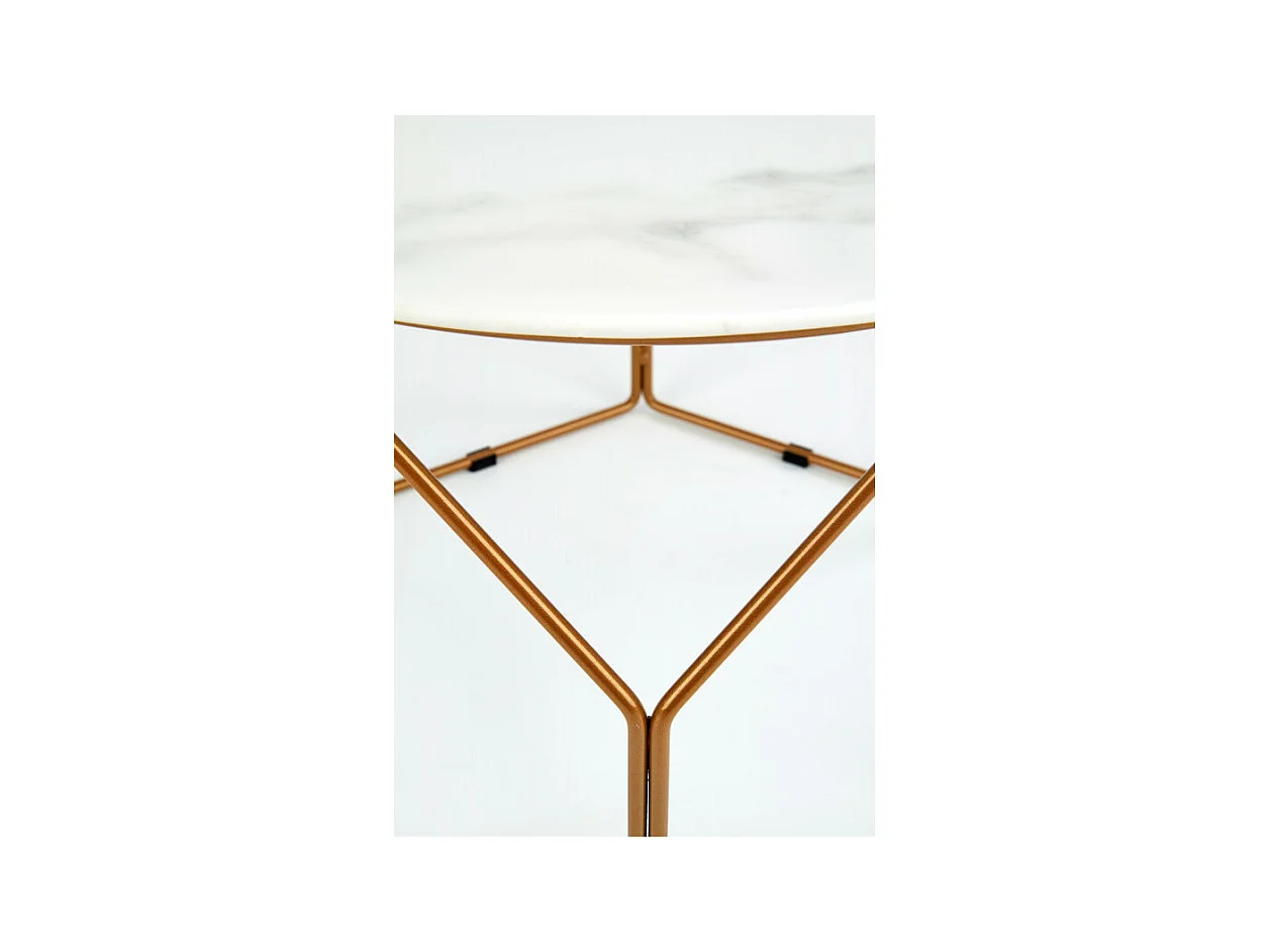 Table basse design avec plateau style marbre de 60 cm de diamètre et structure en acier doré Melba