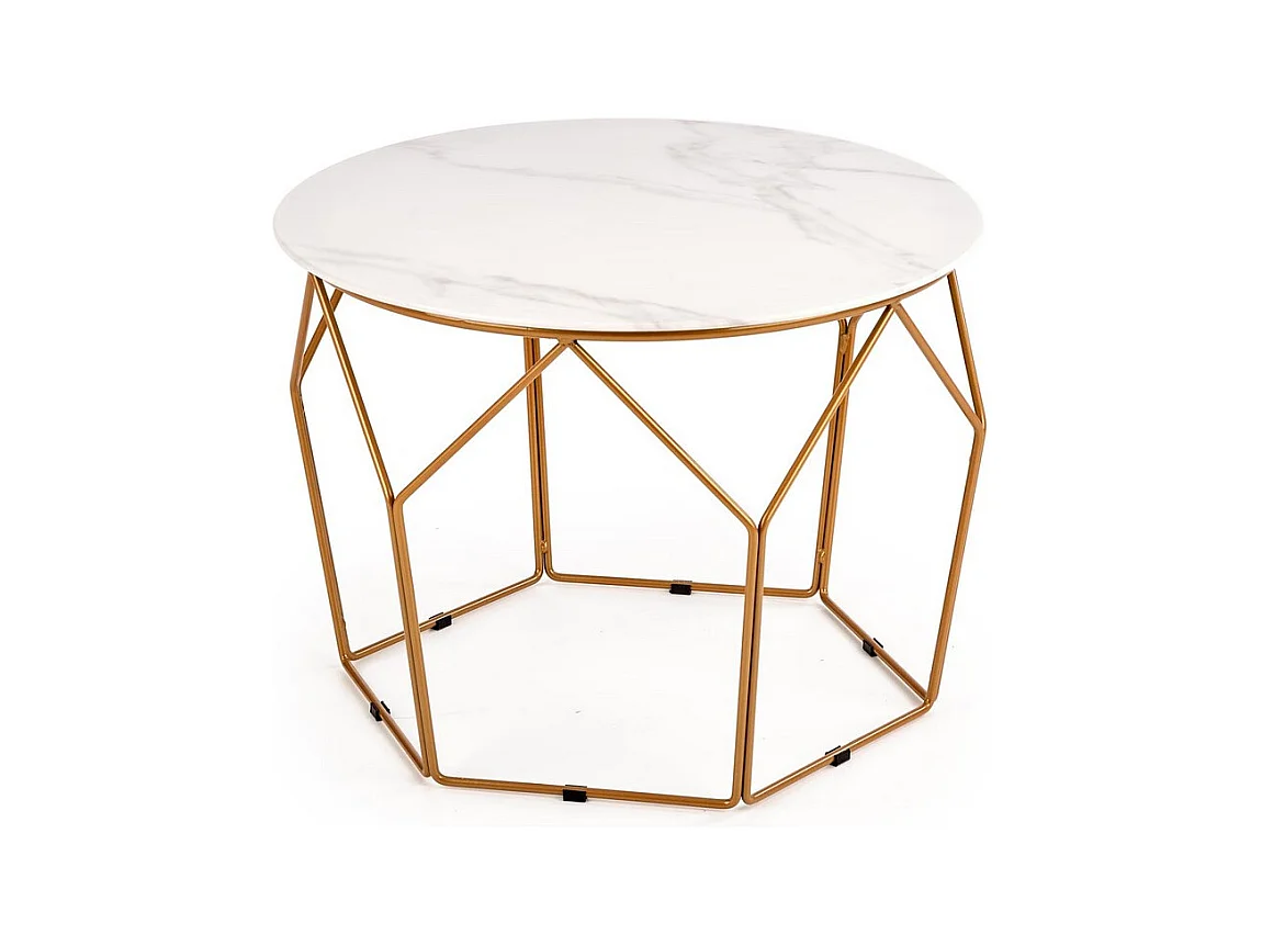 Table basse design avec plateau style marbre de 60 cm de diamètre et structure en acier doré Melba