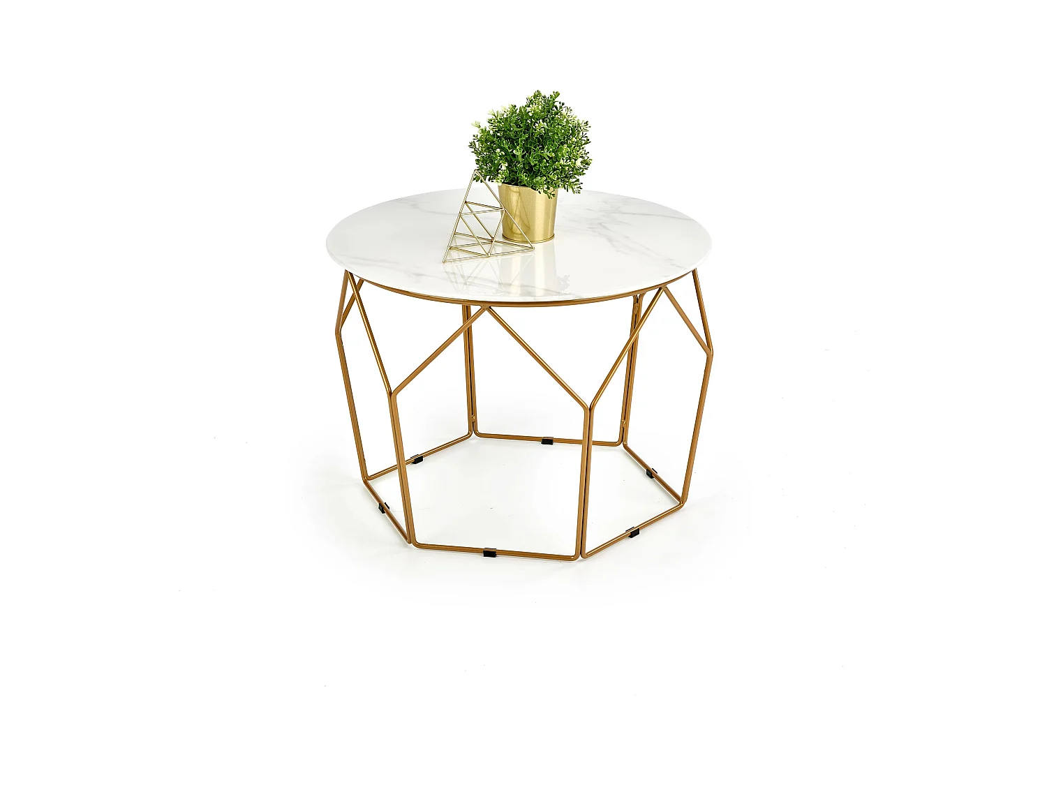 Mesa de centro de diseño Melba con tapa de mármol de 60 cm de diámetro y estructura de acero dorado