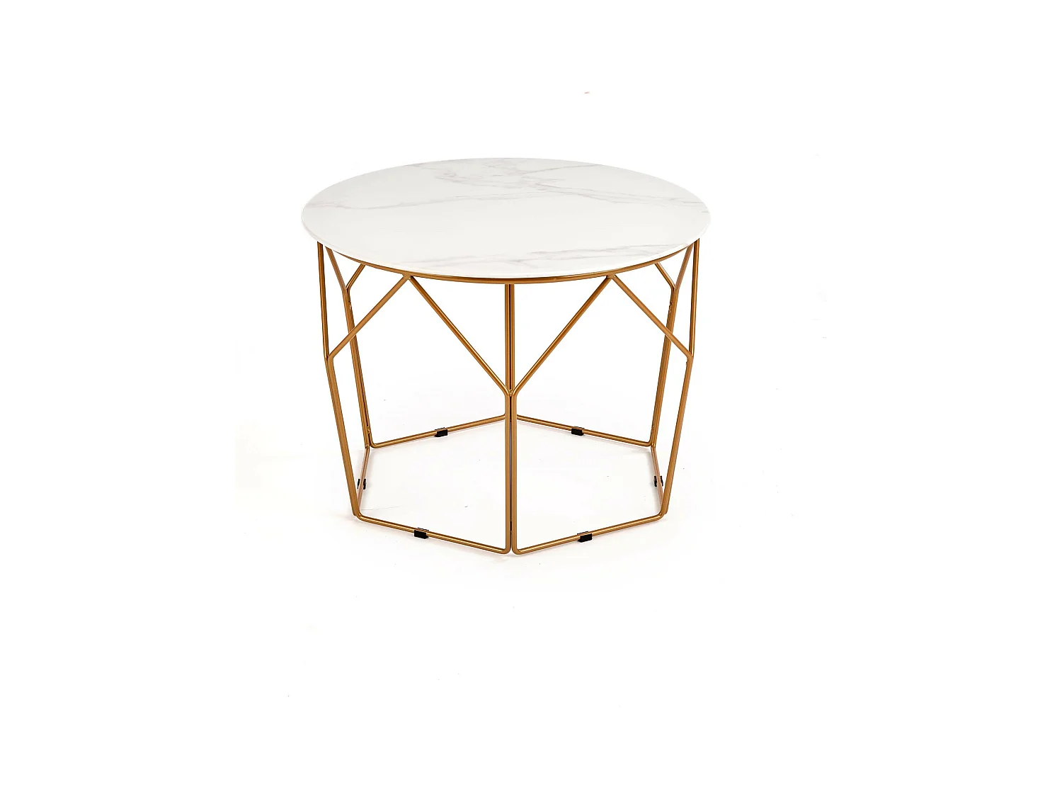 Mesa de centro de diseño Melba con tapa de mármol de 60 cm de diámetro y estructura de acero dorado