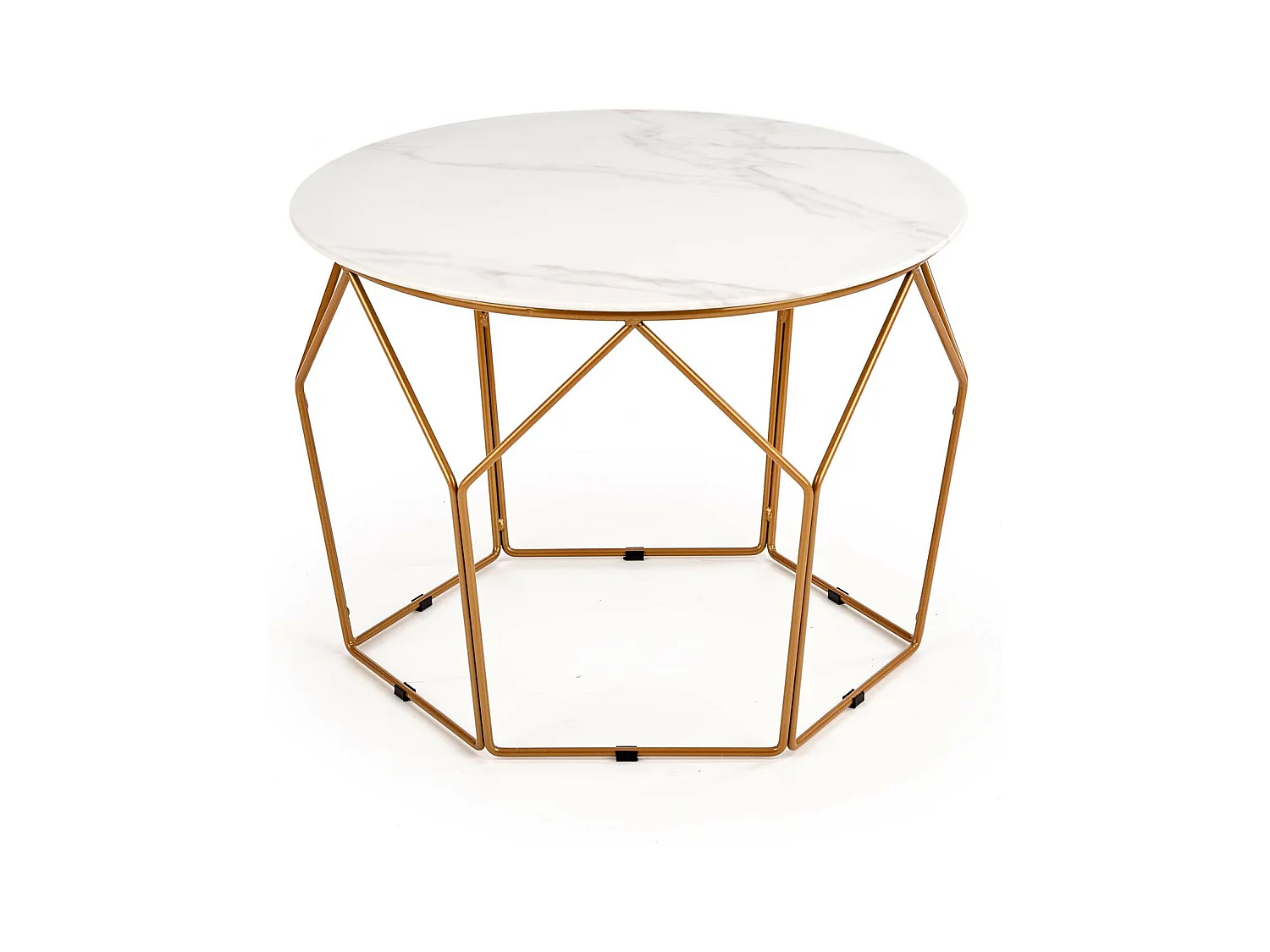 Mesa de centro de diseño Melba con tapa de mármol de 60 cm de diámetro y estructura de acero dorado