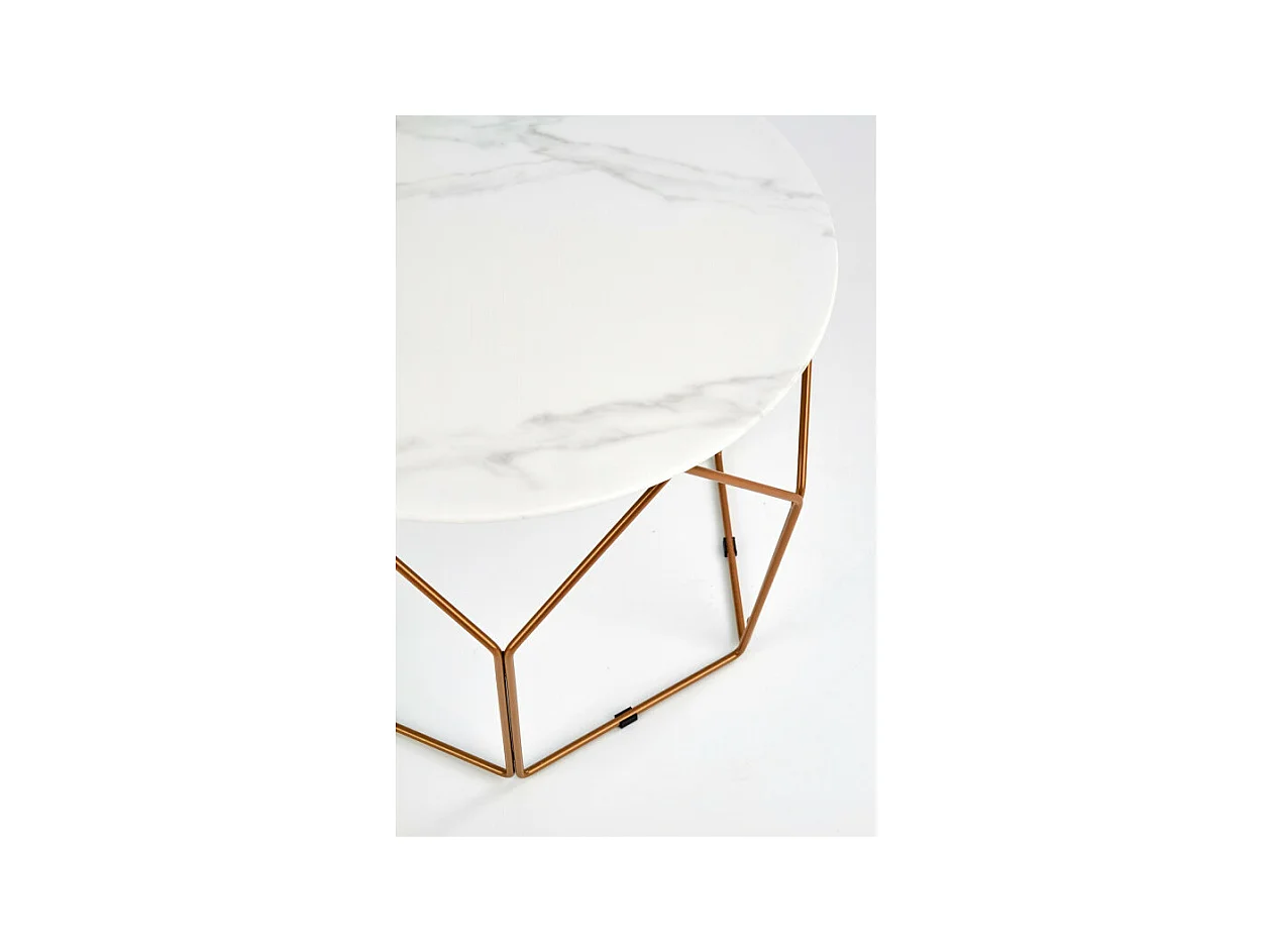 Mesa de centro de diseño Melba con tapa de mármol de 60 cm de diámetro y estructura de acero dorado