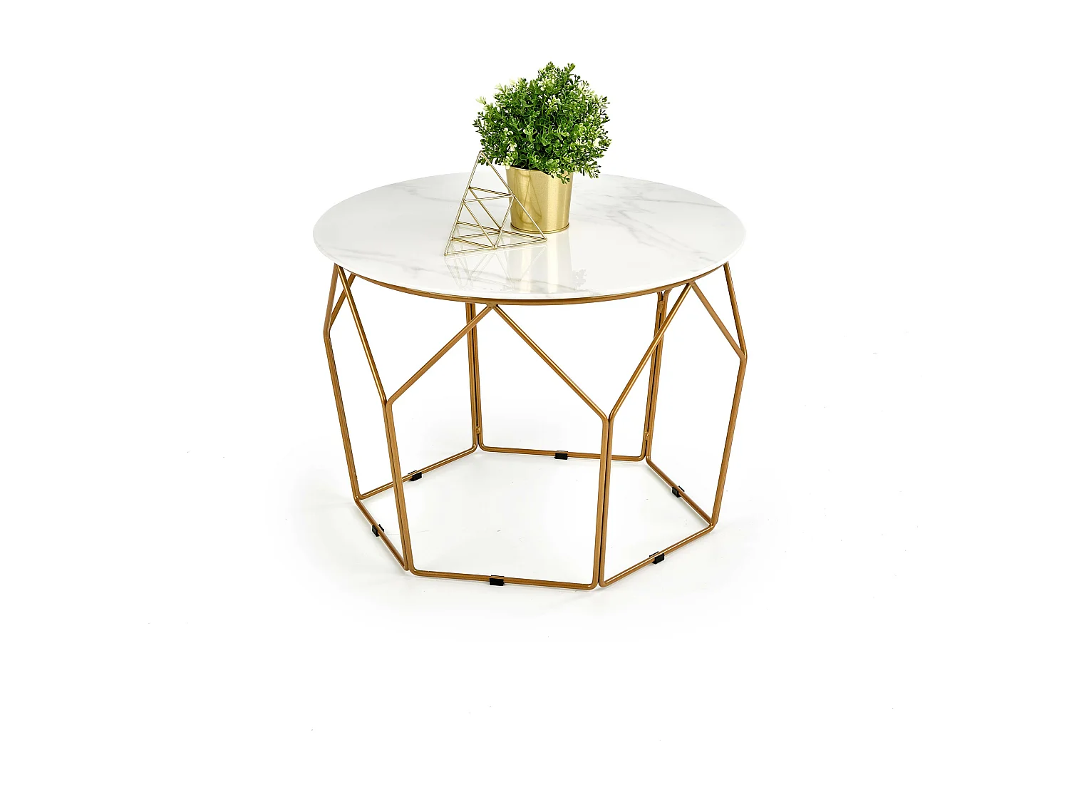 Mesa de centro de diseño Melba con tapa de mármol de 60 cm de diámetro y estructura de acero dorado