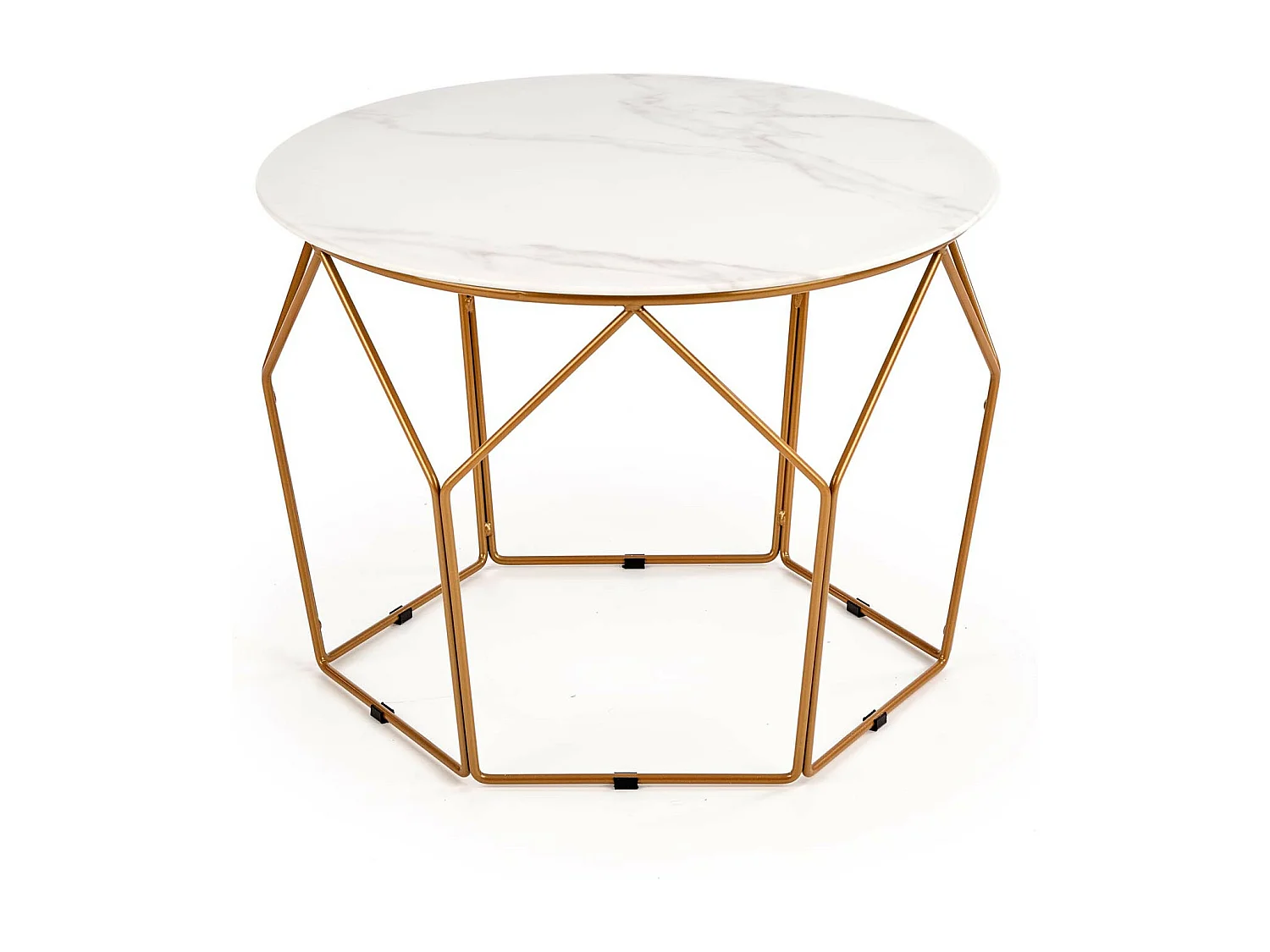 Mesa de centro de diseño Melba con tapa de mármol de 60 cm de diámetro y estructura de acero dorado