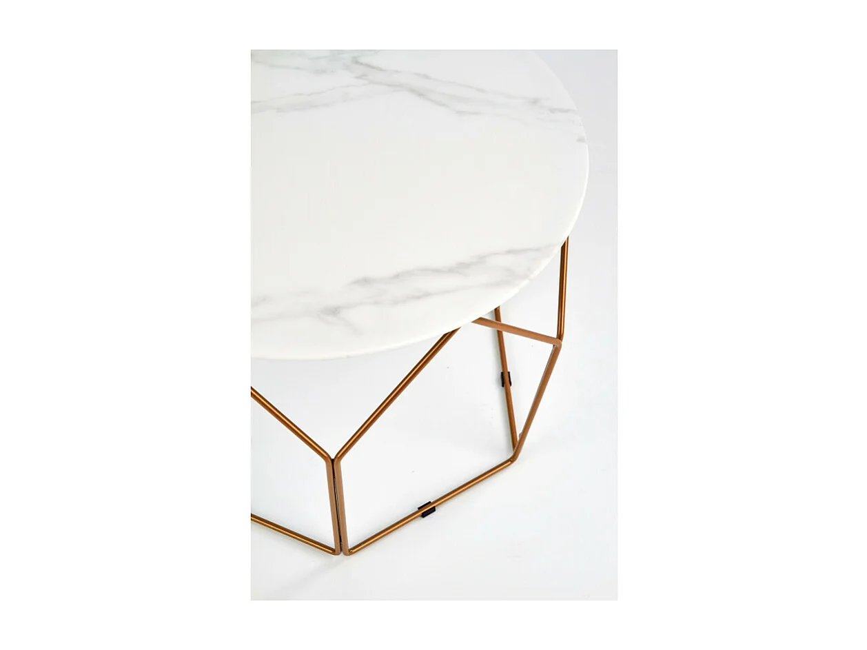 Mesa de centro de diseño Melba con tapa de mármol de 60 cm de diámetro y estructura de acero dorado