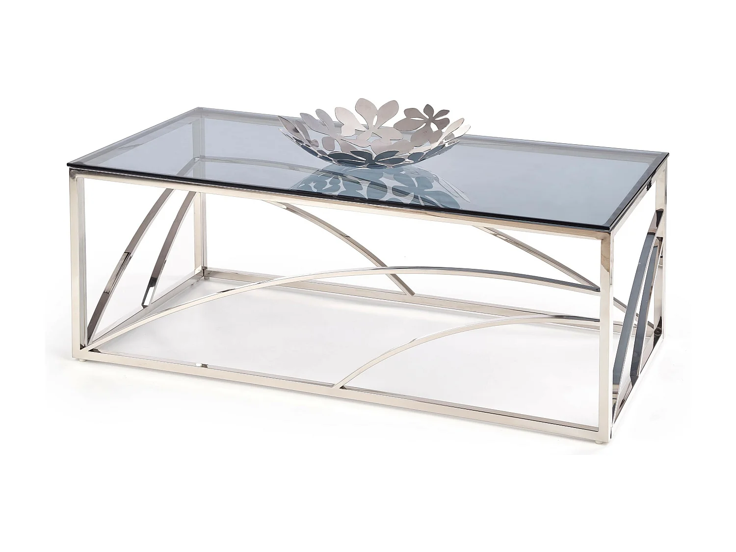 Mesa de centro rectangular con estructura de acero plateado y tapa de cristal ahumado Sochic