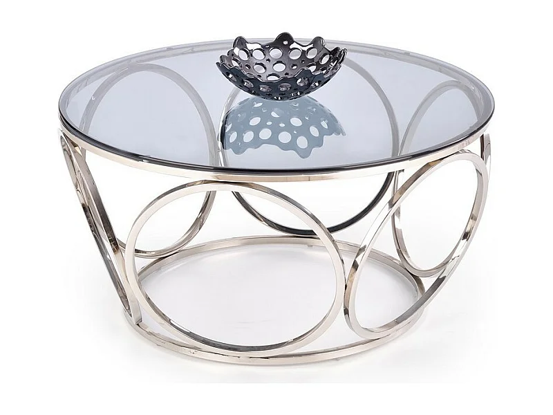 Mesa de centro de diseño con base de acero cromado y tapa redonda de cristal ahumado 80 cm Mostrar