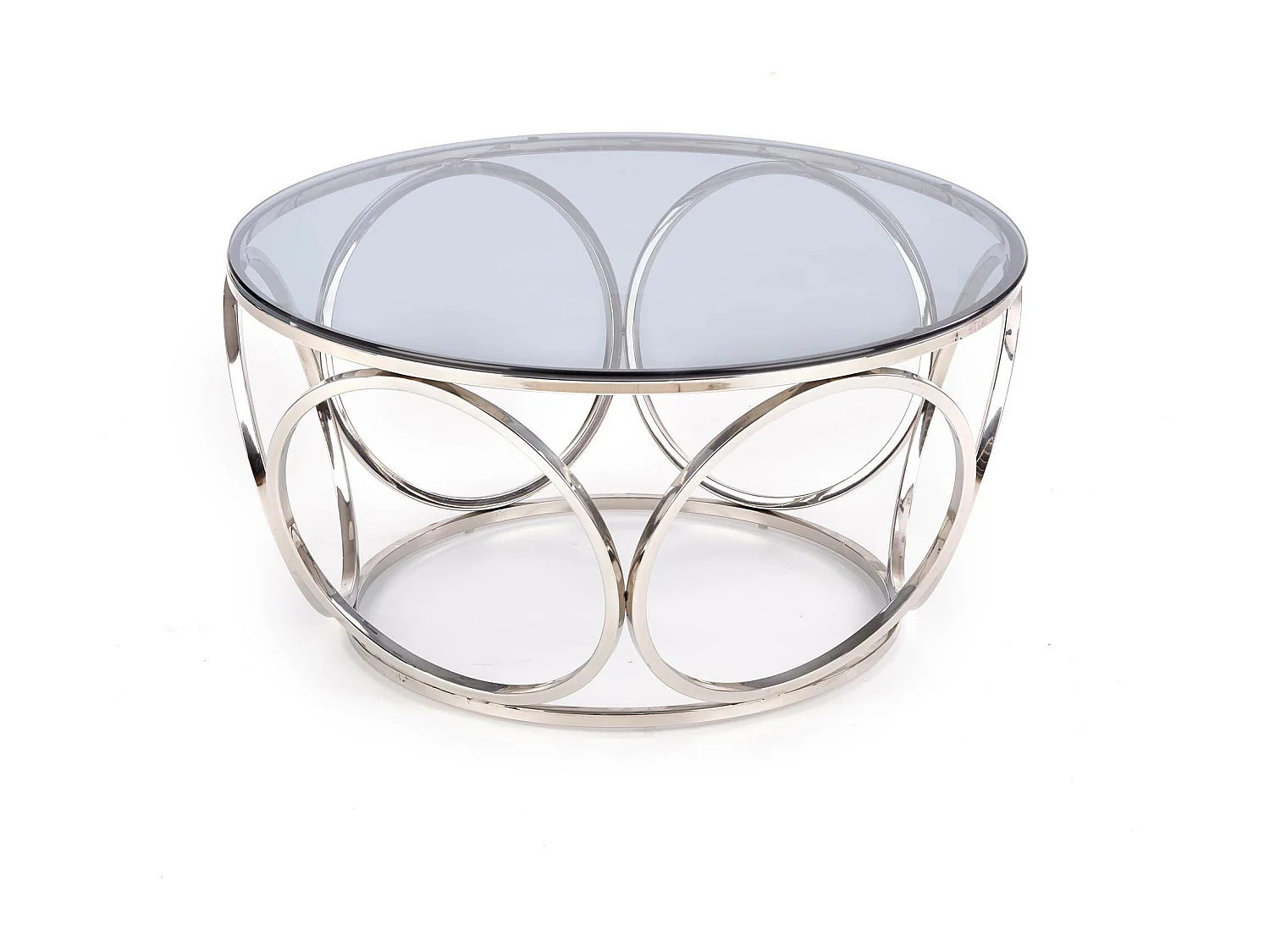 Tavolino di design con base in acciaio cromato e piano rotondo in vetro fumé da 80 cm Mostra