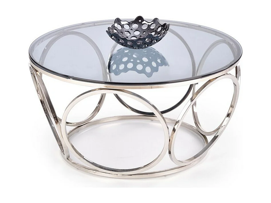 Tavolino di design con base in acciaio cromato e piano rotondo in vetro fumé da 80 cm Mostra